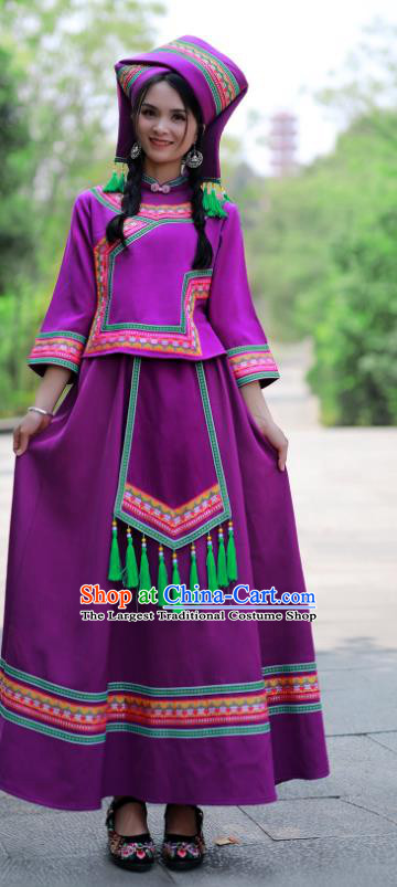 Chinese Zhuang Nationality Woman Clothing Guangxi Festival Dance Garments Minority Folk Dance Purple Dress Ethnic Performance Outfits