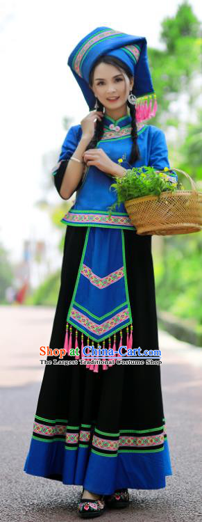 Chinese Guangxi Ethnic Performance Outfits Zhuang Nationality Woman Clothing Festival Dance Garments Bouyei Minority Folk Dance Blue Dress
