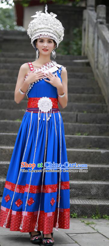 Chinese Miao Minority Folk Dance Blue Dress Guizhou Ethnic Festival Performance Outfits Hmong Nationality Woman Clothing