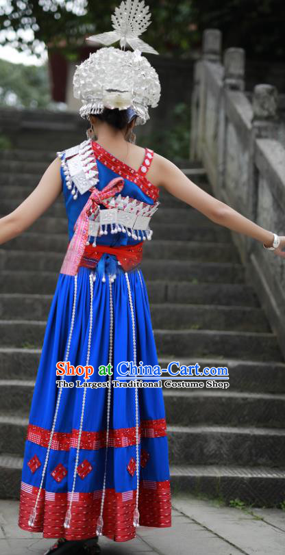 Chinese Miao Minority Folk Dance Blue Dress Guizhou Ethnic Festival Performance Outfits Hmong Nationality Woman Clothing
