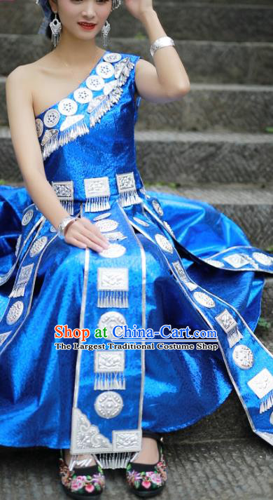 Chinese Zhuang Nationality Woman Clothing Miao Minority Folk Dance Blue Dress Guangxi Ethnic Festival Performance Outfits