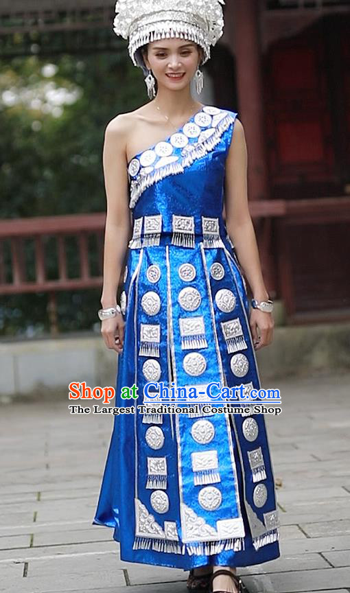 Chinese Zhuang Nationality Woman Clothing Miao Minority Folk Dance Blue Dress Guangxi Ethnic Festival Performance Outfits