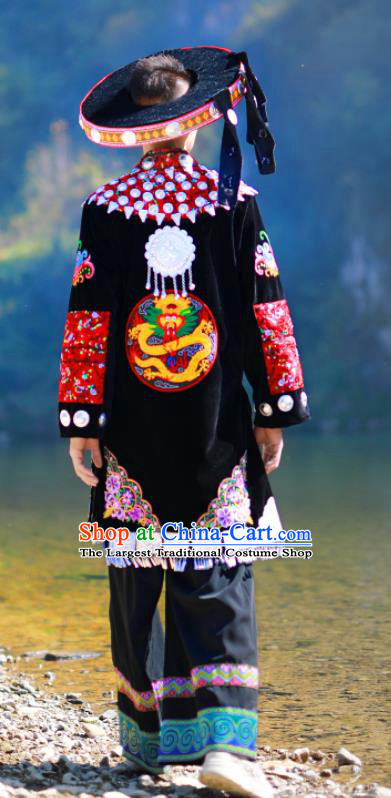 China Yi Nationality Male Dance Clothing Xiangxi Ethnic Stage Performance Suits Tujia Minority Wedding Costumes