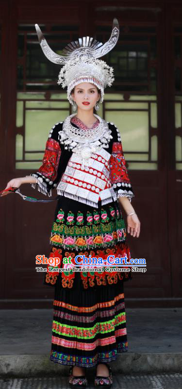 Chinese Guizhou Ethnic Festival Performance Outfits Miao Nationality Bride Wedding Clothing Hmong Minority Folk Dance Black Dress