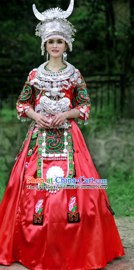 Chinese Hmong Minority Folk Dance Red Dress Guizhou Ethnic Festival Performance Outfits Miao Nationality Bride Wedding Clothing