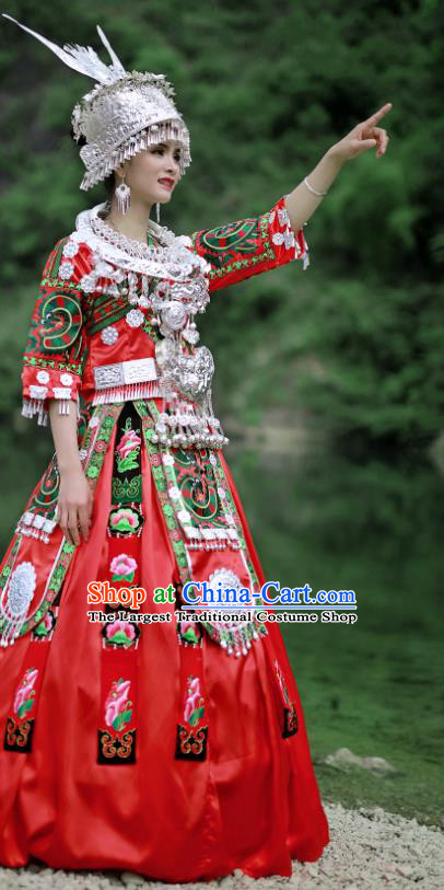 Chinese Hmong Minority Folk Dance Red Dress Guizhou Ethnic Festival Performance Outfits Miao Nationality Bride Wedding Clothing