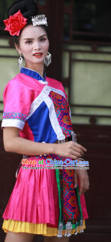 Chinese Miao Nationality Folk Dance Clothing Hmong Minority Female Short Dress Guizhou Ethnic Festival Performance Rosy Outfits