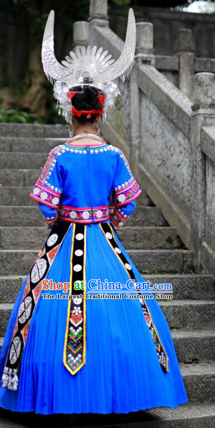 Chinese Miao Nationality Wedding Bride Clothing Hmong Minority Stage Performance Blue Dress Xiangxi Ethnic Festival Outfits