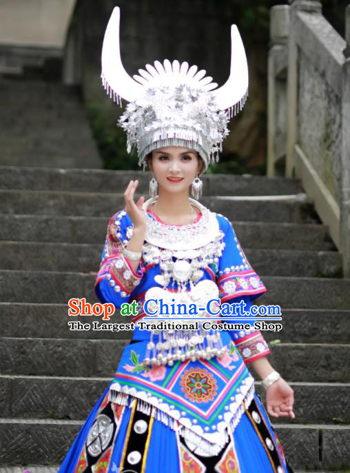 Chinese Miao Nationality Wedding Bride Clothing Hmong Minority Stage Performance Blue Dress Xiangxi Ethnic Festival Outfits