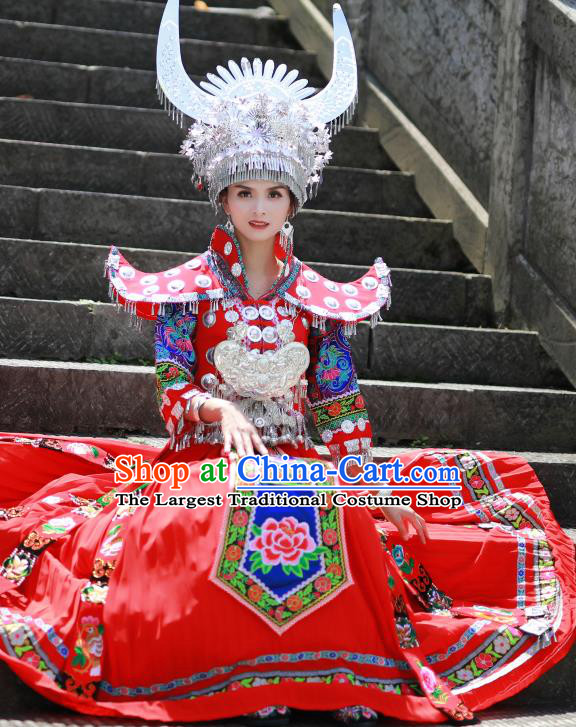 Chinese Xiangxi Ethnic Festival Outfits Miao Nationality Wedding Bride Clothing Hmong Minority Stage Performance Red Dress