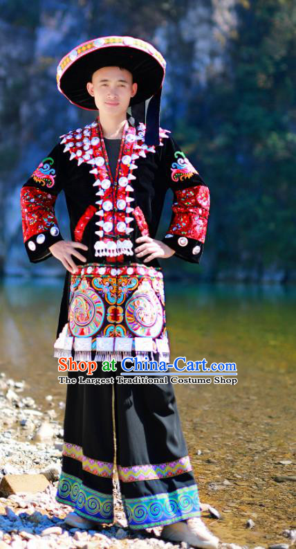 China Yao Minority Wedding Bridegroom Costumes Yi Nationality Male Dance Clothing Xiangxi Ethnic Stage Performance Suits