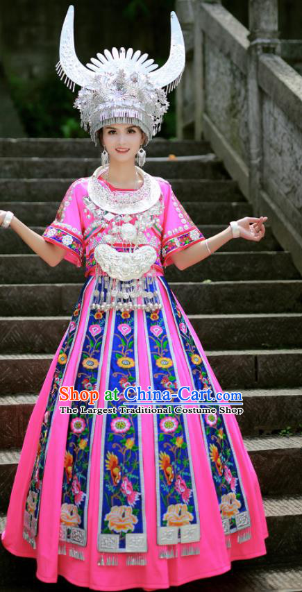 Chinese Hmong Minority Stage Performance Pink Dress Xiangxi Ethnic Festival Outfits Miao Nationality Wedding Bride Clothing and Headdress