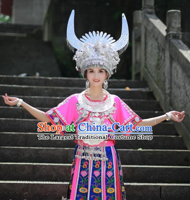 Chinese Hmong Minority Stage Performance Pink Dress Xiangxi Ethnic Festival Outfits Miao Nationality Wedding Bride Clothing and Headdress