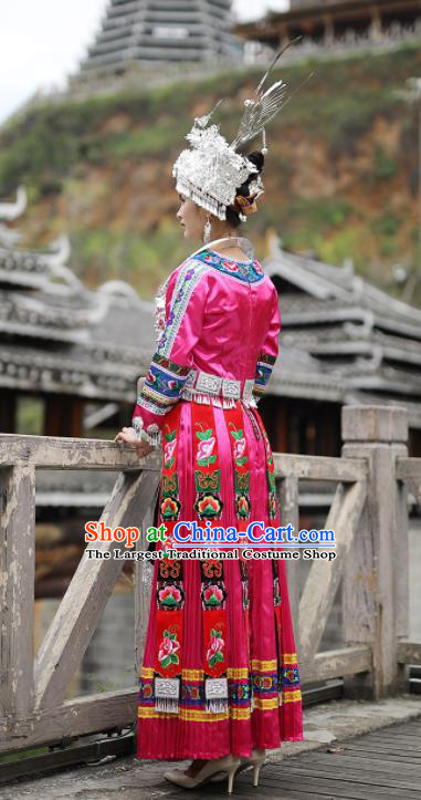 Chinese Miao Nationality Wedding Bride Clothing Hmong Minority Stage Performance Rosy Dress Xiangxi Ethnic Festival Outfits and Headpieces