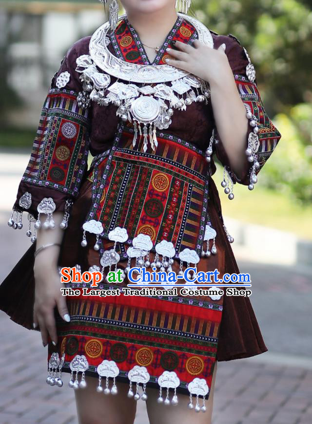 Chinese Dong Ethnic Festival Outfits Miao Nationality Wedding Bride Clothing Guizhou Minority Stage Performance Brown Short Dress