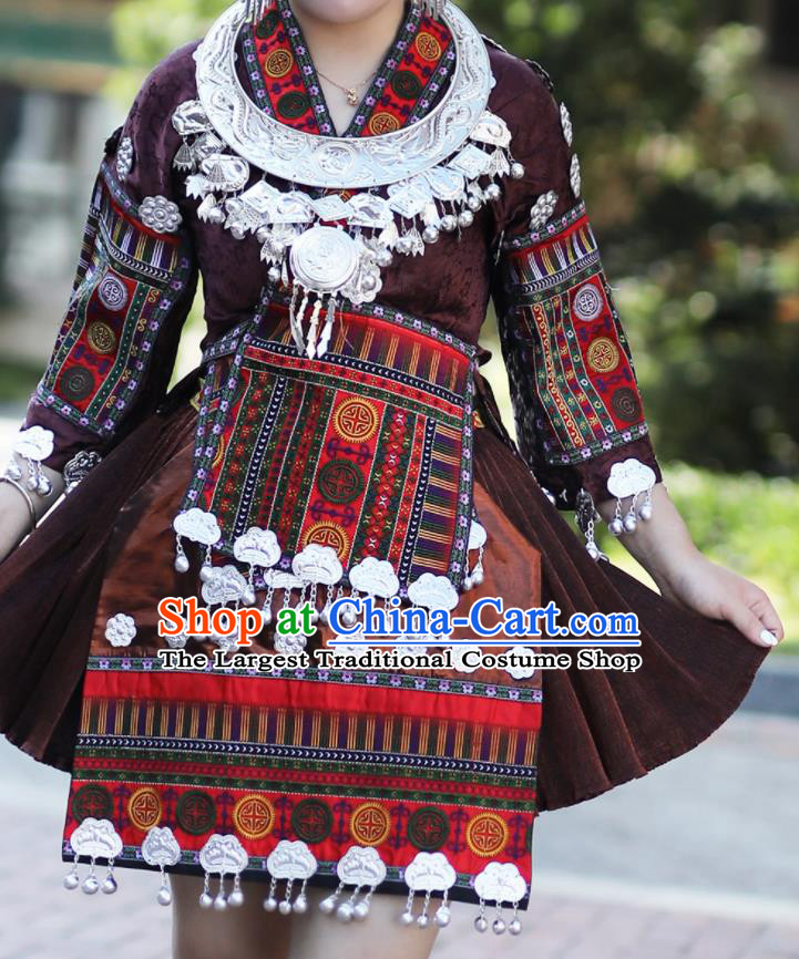 Chinese Dong Ethnic Festival Outfits Miao Nationality Wedding Bride Clothing Guizhou Minority Stage Performance Brown Short Dress