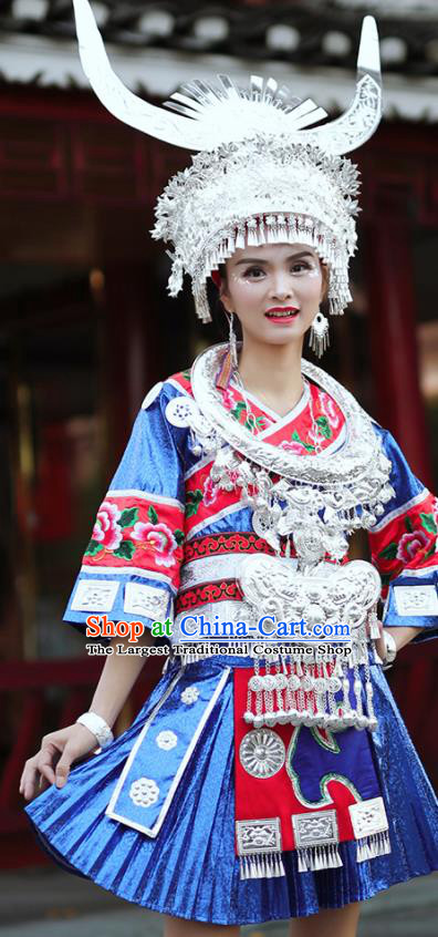Chinese Guizhou Minority Stage Performance Blue Short Dress Dong Ethnic Festival Outfits Miao Nationality Folk Dance Clothing