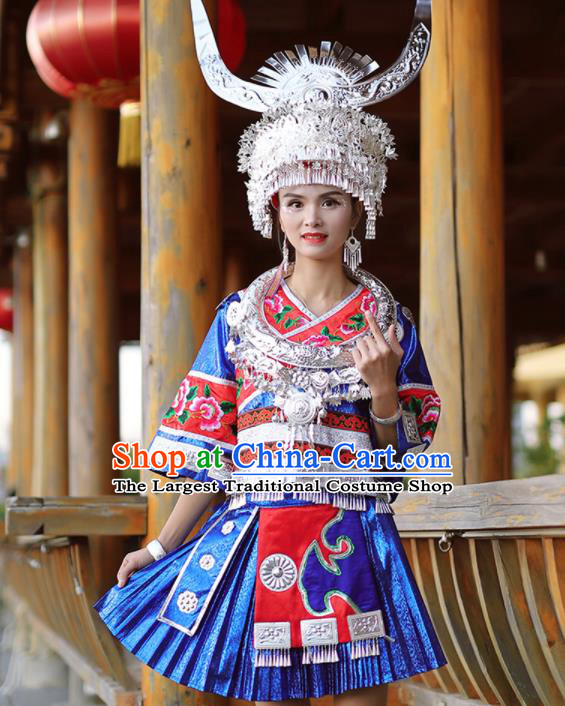 Chinese Guizhou Minority Stage Performance Blue Short Dress Dong Ethnic Festival Outfits Miao Nationality Folk Dance Clothing