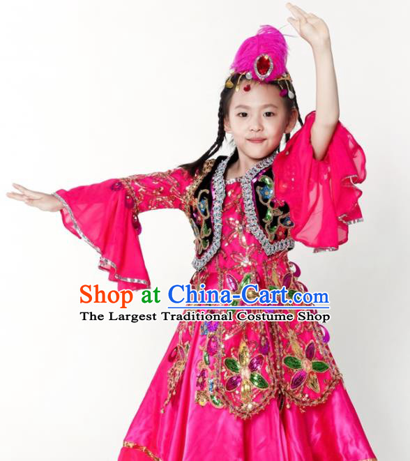 China Uyghur Nationality Girl Apparels Children Performance Costumes Xinjiang Uighur Minority Kids Dance Rosy Dress Uniforms