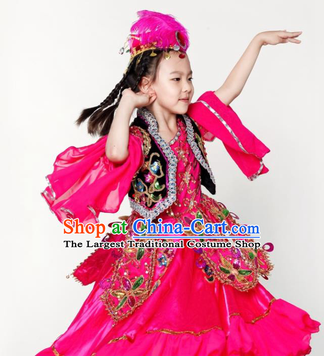 China Uyghur Nationality Girl Apparels Children Performance Costumes Xinjiang Uighur Minority Kids Dance Rosy Dress Uniforms