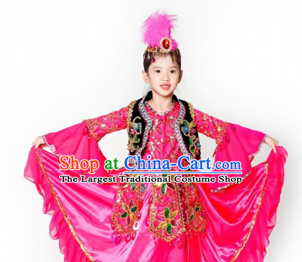 China Uyghur Nationality Girl Apparels Children Performance Costumes Xinjiang Uighur Minority Kids Dance Rosy Dress Uniforms