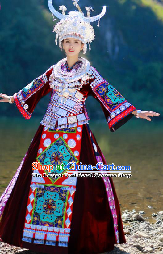 Chinese Festival Dance Garments Miao Minority Folk Dance Red Dress Guizhou Ethnic Performance Outfits Hmong Nationality Woman Clothing