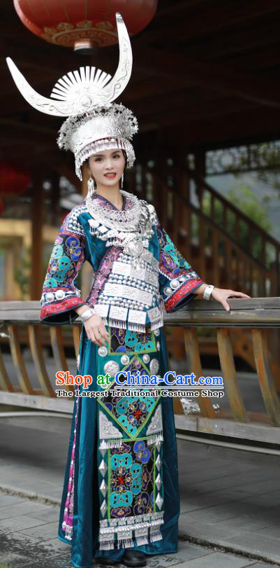 Chinese Ethnic Performance Outfits Hmong Nationality Woman Clothing Guizhou Festival Dance Garments Miao Minority Folk Dance Blue Dress and Headdress