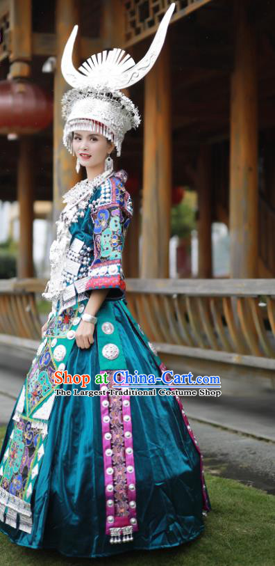 Chinese Ethnic Performance Outfits Hmong Nationality Woman Clothing Guizhou Festival Dance Garments Miao Minority Folk Dance Blue Dress and Headdress