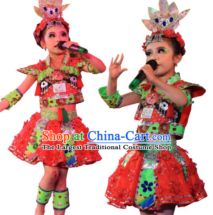 China She Minority Kids Dance Red Dress Uniforms Yi Nationality Girl Apparels Ethnic Children Performance Costumes