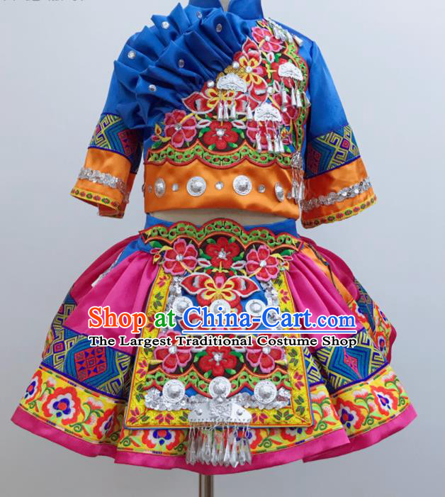 China Ethnic Children Performance Costumes She Minority Kids Dance Dress Uniforms Yi Nationality Girl Apparels and Hair Accessories