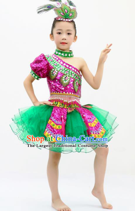 China Yi Nationality Girl Apparels Ethnic Children Performance Costumes She Minority Kids Dance Dress Uniforms and Headpieces