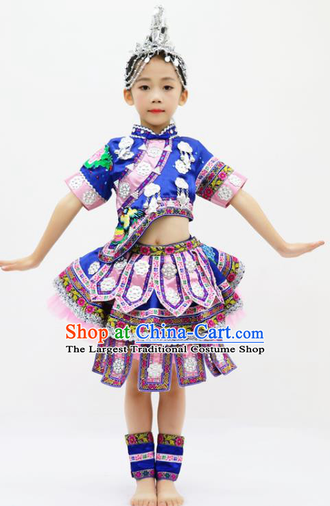 China Miao Minority Kids Dance Blue Dress Uniforms Yi Nationality Girl Apparels Ethnic Children Performance Costumes