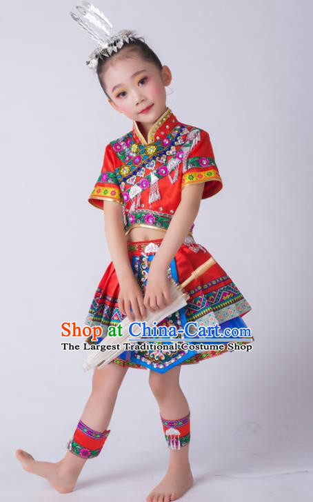 China Ethnic Children Performance Costumes Miao Minority Kids Dance Red Dress Uniforms Tujia Nationality Girl Apparels