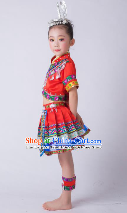 China Ethnic Children Performance Costumes Miao Minority Kids Dance Red Dress Uniforms Tujia Nationality Girl Apparels