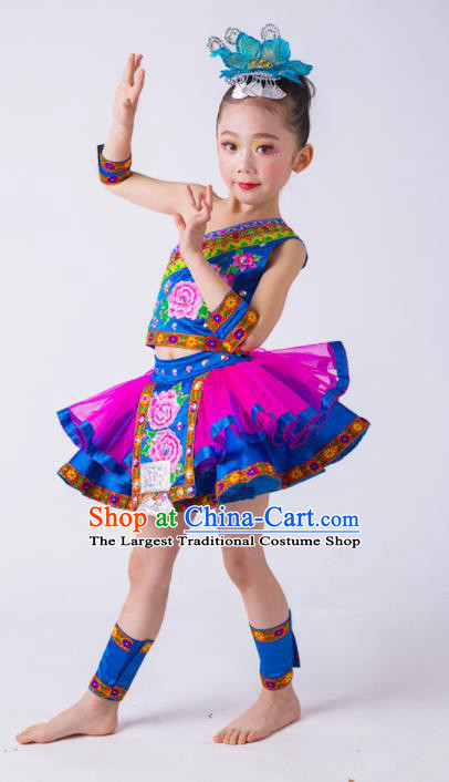China Yi Nationality Girl Apparels Ethnic Children Performance Costumes She Minority Kids Dance Blue Dress Uniforms