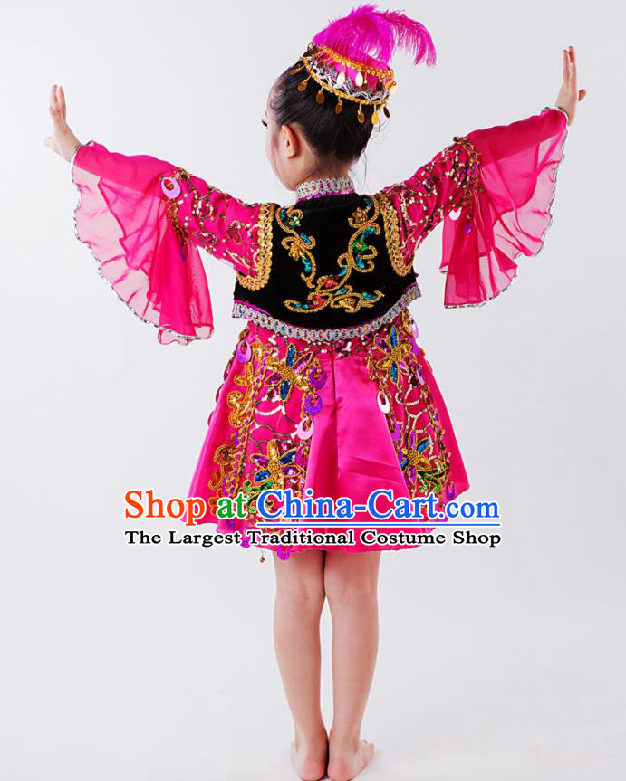 China Uyghur Nationality Girl Apparels Xinjiang Ethnic Children Performance Costumes Uighur Minority Kids Dance Rosy Dress Uniforms