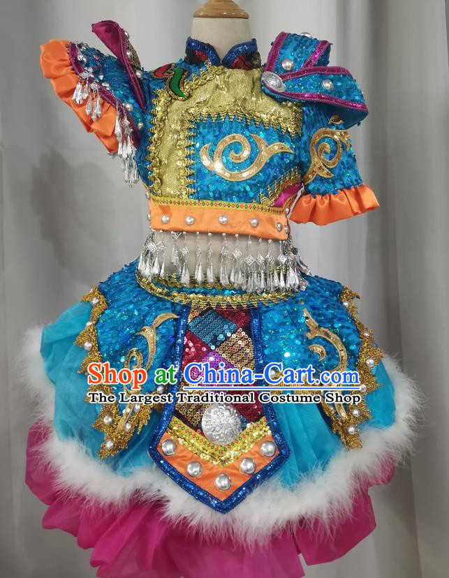 China Xiangxi Ethnic Children Performance Costumes Miao Minority Kids Dance Blue Dress Uniforms Pumi Nationality Girl Apparels