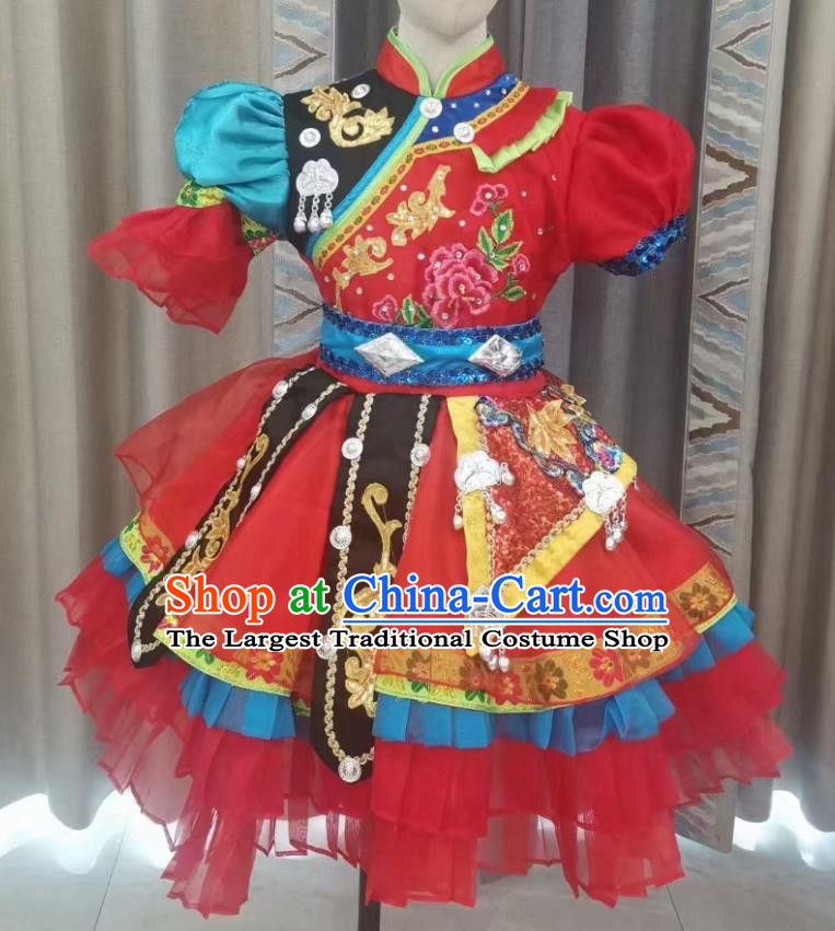 China Qiang Minority Kids Dance Red Dress Uniforms Miao Nationality Girl Apparels Hmong Ethnic Children Performance Costumes