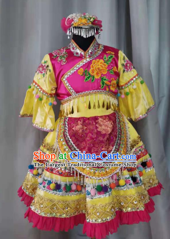 China Li Ethnic Children Performance Costumes Pumi Minority Kids Dance Yellow Dress Uniforms Miao Nationality Girl Apparels