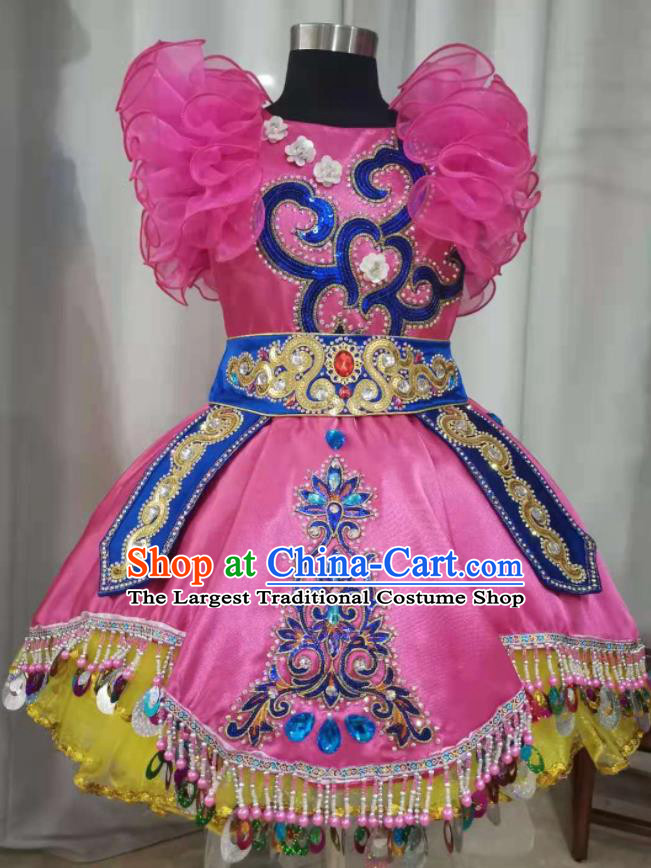 China Lisu Nationality Girl Dance Apparels Pumi Ethnic Children Performance Costumes Miao Minority Kids Dance Pink Dress Uniforms
