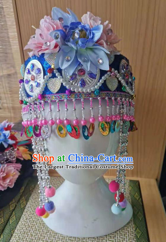 Chinese Nujiang Lisor Minority Girl Headdress Lisu Ethnic Folk Dance Blue Hat Pumi Nationality Children Headwear
