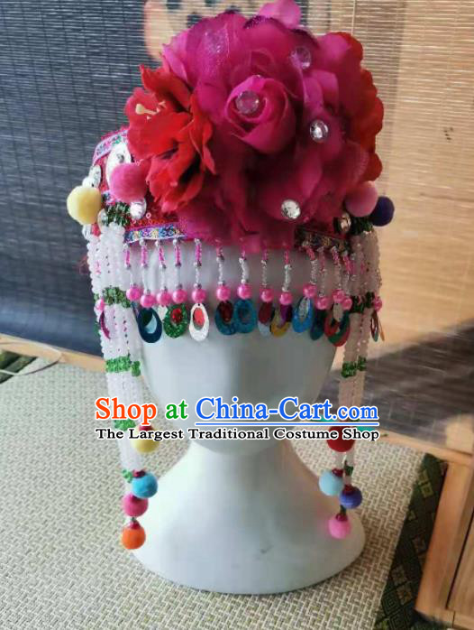 Chinese Pumi Nationality Children Headwear Nujiang Lisor Minority Girl Headdress Lisu Ethnic Folk Dance Rosy Hat