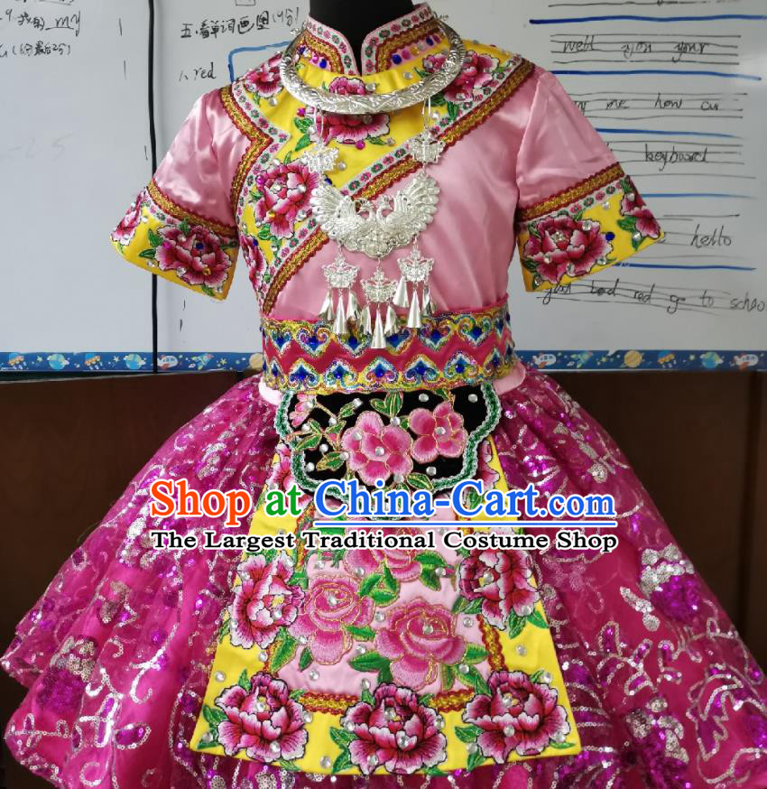 China Ethnic Children Folk Dance Costumes Pumi Minority Kids Dance Pink Dress Uniforms Li Nationality Girl Performance Apparels