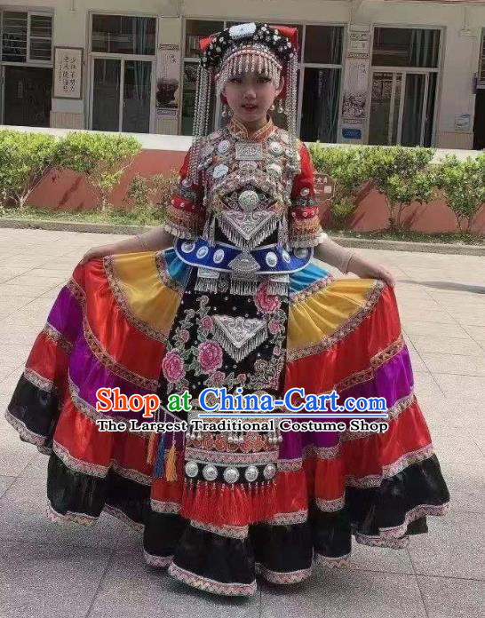 China Qiang Ethnic Folk Dance Costumes Yi Minority Children Festival Dress Uniforms Bouyei Nationality Girl Performance Apparels
