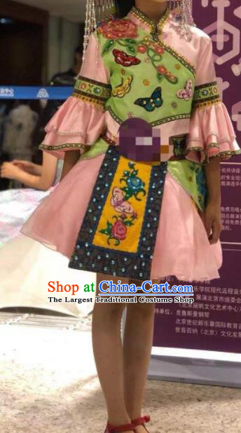 China Qiang Minority Children Pink Dress Uniforms Yi Nationality Girl Performance Apparels Sichuan Ethnic Folk Dance Costumes