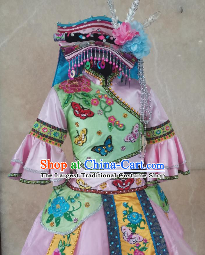 China Qiang Minority Children Pink Dress Uniforms Yi Nationality Girl Performance Apparels Sichuan Ethnic Folk Dance Costumes