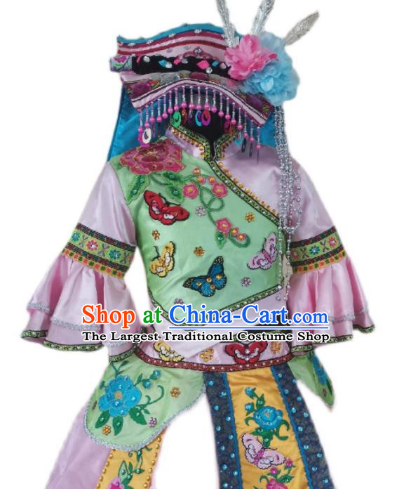 China Qiang Minority Children Pink Dress Uniforms Yi Nationality Girl Performance Apparels Sichuan Ethnic Folk Dance Costumes