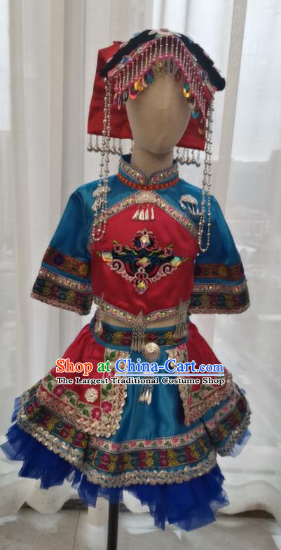 China Yi Minority Kids Blue Dress Uniforms Miao Nationality Girl Performance Apparels Ethnic Children Folk Dance Costumes
