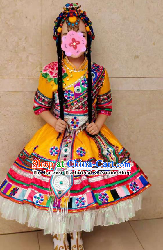 China Ethnic Children Folk Dance Costumes Zang Minority Kids Yellow Dress Uniforms Tibetan Nationality Girl Performance Apparels