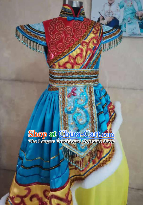 China Zang Nationality Girl Performance Apparels Ethnic Folk Dance Costumes Tibetan Minority Children Dress Uniforms